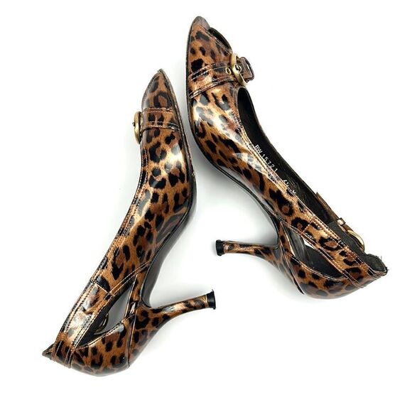 Stuart Weitzman Patent Leather Leopard Animal Print Peep Toe Pumps 6 1/2 - Picture 6 of 15